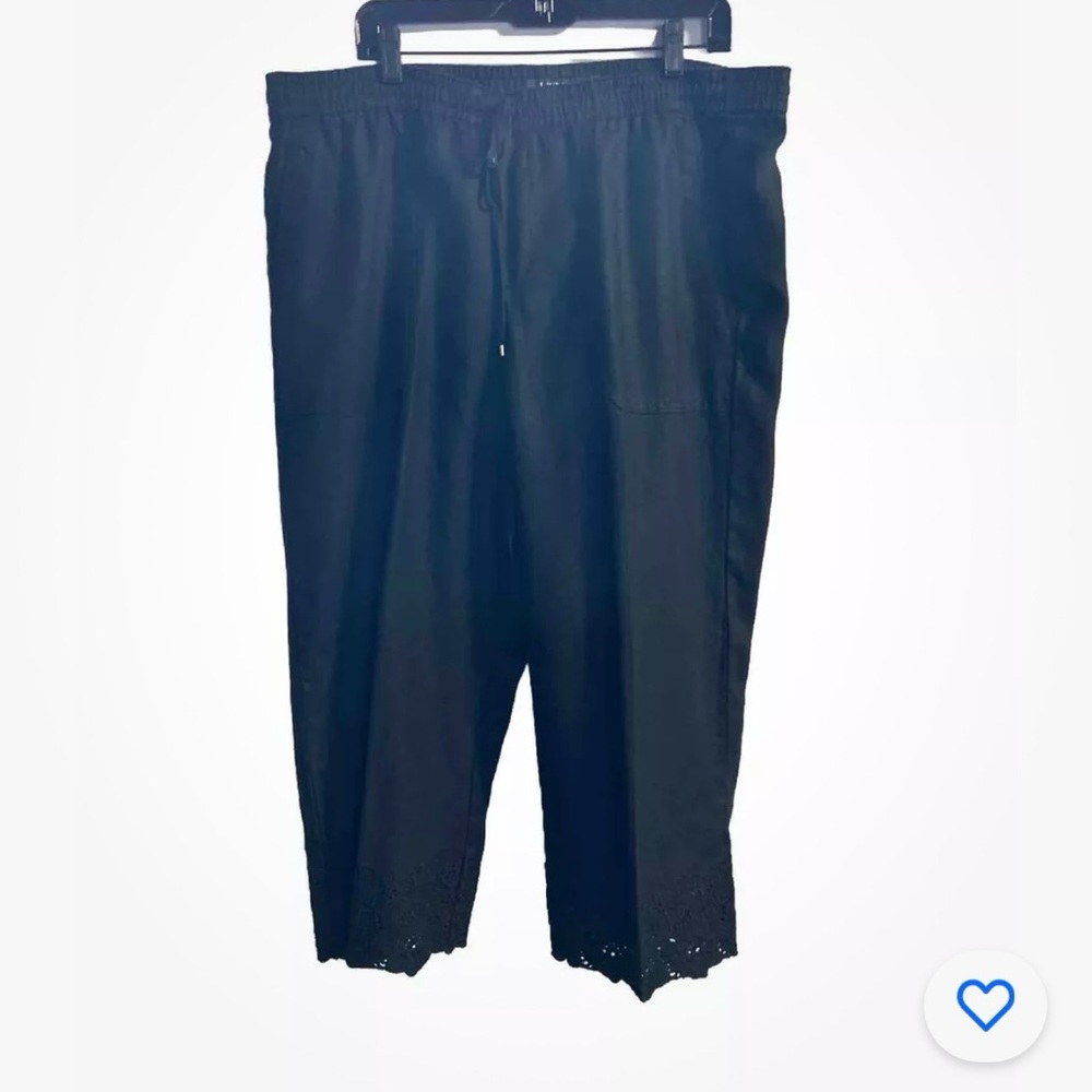LRL Navy BLACK 100% Linen Cropped Capri Pants  Drawstring Waist . Embroiled SZ16